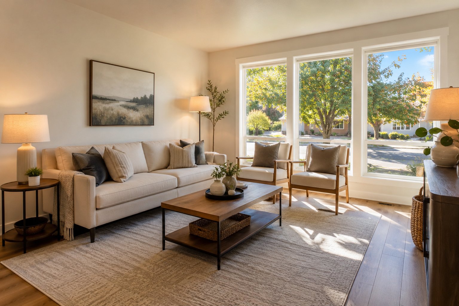 Salon lumineux et soigneusement aménagé après un service de home staging